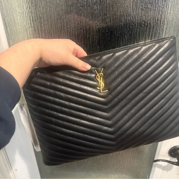 Yves Saint Laurent Black Sizable Clutch with detachable wristlet with gold YSL. - Picture 4 of 16